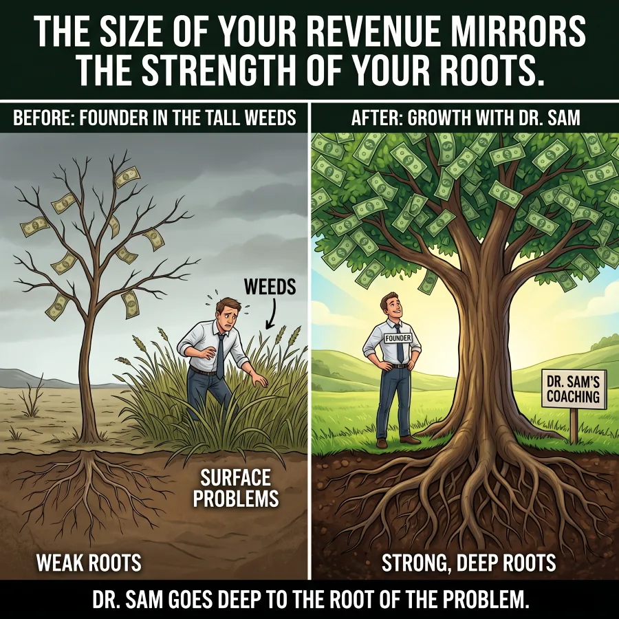 Before and after: a founder lost in weeds with weak roots versus a founder standing tall under a thriving money tree with deep, strong roots.