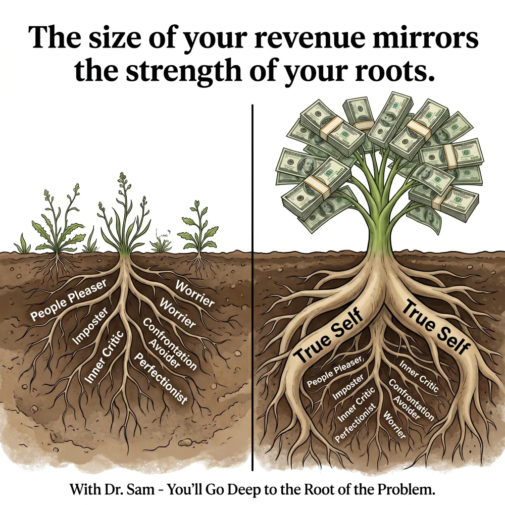 Root system diagram showing Personal Body Guards — People Pleaser, Imposter, Inner Critic, Worrier, Confrontation Avoider, Perfectionist — as the underground roots driving surface-level business problems. The right side shows those same roots anchoring a thriving money tree when managed through the True Self.